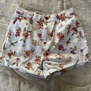 White Shorts With Light Orange/Purple ish Pink Flowers